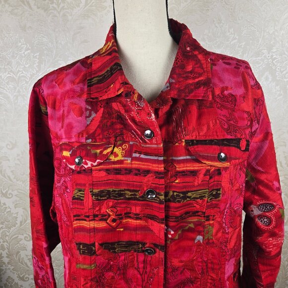 Chico's Size 3 (US XL) Red Multicolor Button Front Jacket 100% Silk Long Sleeve - Picture 2 of 12